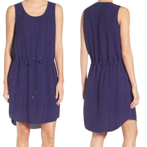 EILEEN FISHER Shima Dark Night 100% Silk Crepe Lined Dress Drawstring Waist XS - Picture 1 of 9